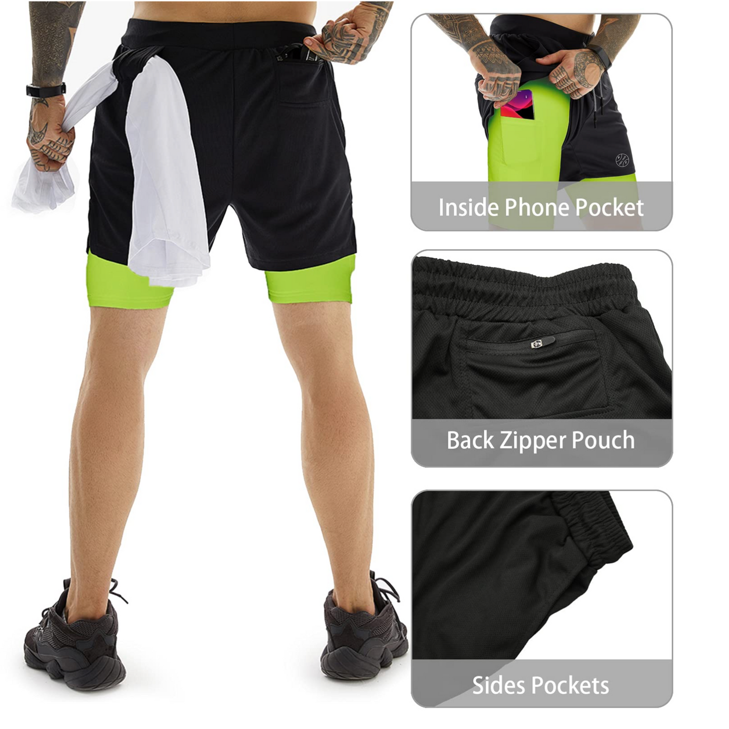 Men's 2-in-1 Athletic Shorts with Pockets, Zips & Hidden Phone Pocket – Black + Neon Green