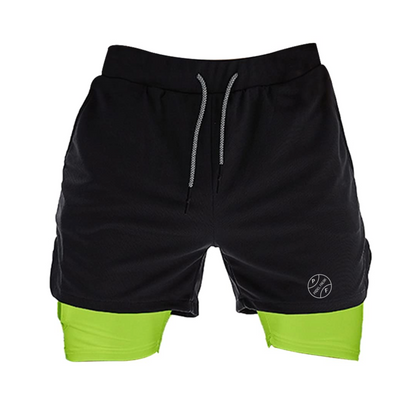 Men's 2-in-1 Athletic Shorts with Pockets, Zips & Hidden Phone Pocket – Black + Neon Green