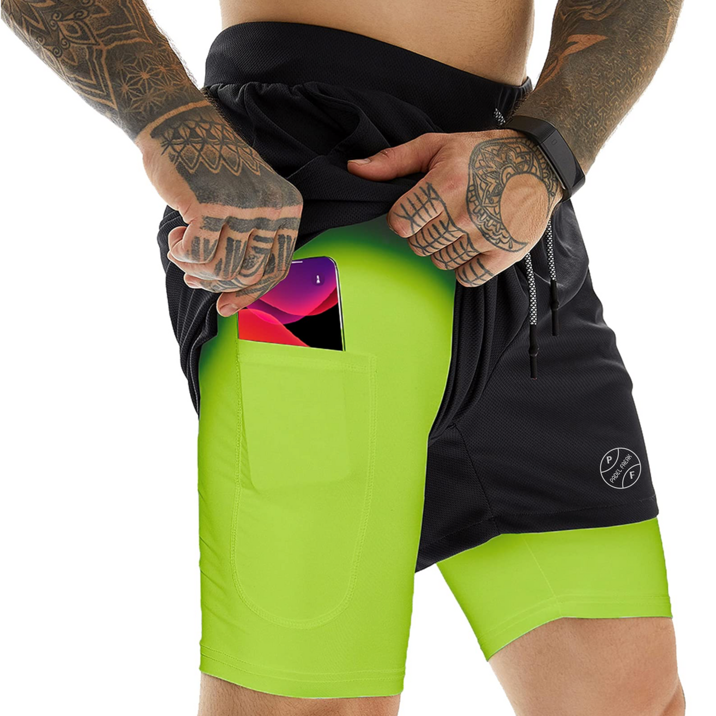 Men's 2-in-1 Athletic Shorts with Pockets, Zips & Hidden Phone Pocket – Black + Neon Green