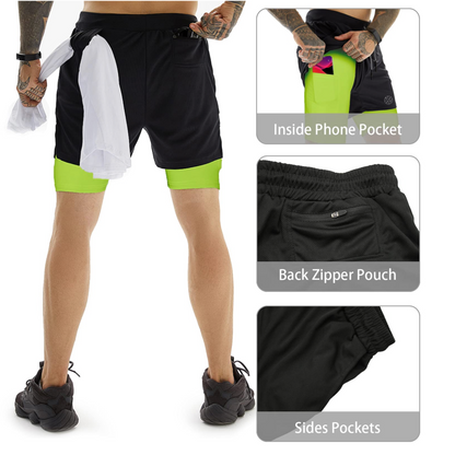 Men's 2-in-1 Athletic Shorts with Pockets, Zips & Hidden Phone Pocket – Black + Neon Green