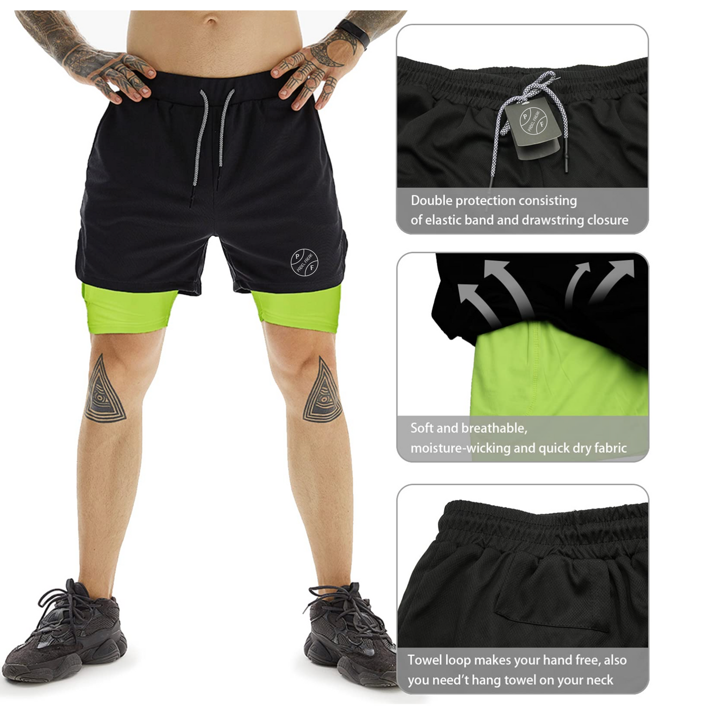 Men's 2-in-1 Athletic Shorts with Pockets, Zips & Hidden Phone Pocket – Black + Neon Green