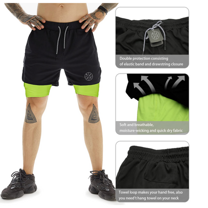 Men's 2-in-1 Athletic Shorts with Pockets, Zips & Hidden Phone Pocket – Black + Neon Green