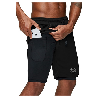 Men's 2-in-1 Athletic Shorts with Pockets, Zips & Hidden Phone Pocket – Black